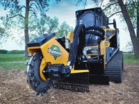 Thumbnail for A photorealistic image of a powerful skid steer with a stump grinder attachment.