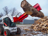 Thumbnail for A skid steer loader with a Pro Series Wood Splitter attachment lifting a large log.